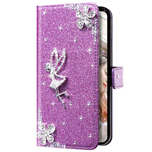 Uposao Kompatibel mit iPhone 11 Hülle Glänzend Glitzer Bling Strass Diamant Blume Mädchen Klapphülle Flip Case Leder Schutzhülle Handyhülle Tasche Kartenfächer Magnet,Lila von Uposao