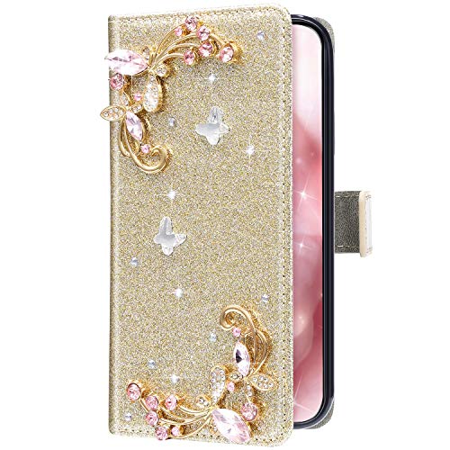 Uposao Kompatibel mit iPhone 11 Pro Max Hülle Leder Handyhülle Schutzhülle Bling Glänzend Glitzer Strass Diamant Schmetterling Blumen Klapphülle Flip Case Magnet Kartenfächer,Gold von Uposao