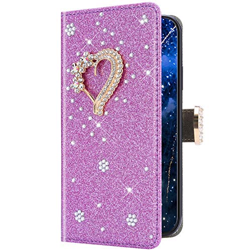 Uposao Kompatibel mit iPhone 7 Plus/iPhone 8 Plus Hülle Leder Glänzend Glitzer Strass Diamant Bling Handyhülle Schutzhülle Flip Wallet Case Leder Tasche Hülle Klapphülle Magnet,Lila von Uposao