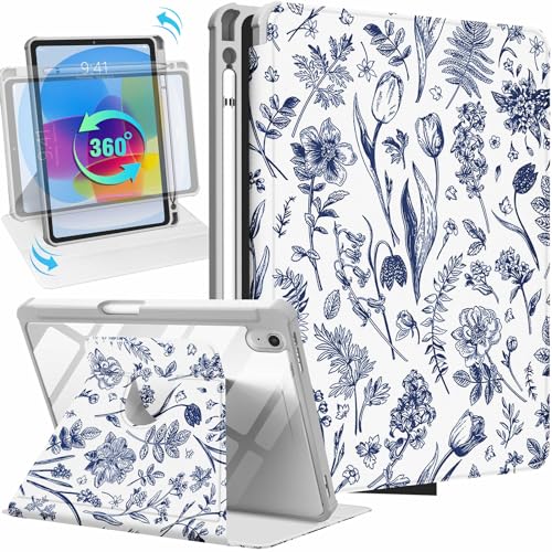 Uppuppy Schutzhülle für iPad 10. Generation, 10,9 Zoll, iPad 11. (A16) 2025, Damen, Mädchen, Kinder, niedliches Kawaii, hübsche Blume, blau, einzigartig, modisch, drehbarer Ständer, Folio-Schutzhülle von Uppuppy