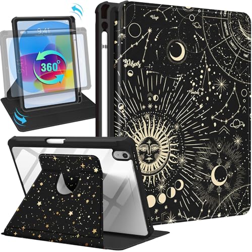 Uppuppy Schutzhülle für iPad 10. Generation, 10,9 Zoll, iPad 11. (A16) 2025, Damen, Mädchen, niedlicher Mond, Sonne, Stern, schwarz, mädchenhaft, ästhetisch, hübsch, einzigartig, drehbarer Ständer, von Uppuppy