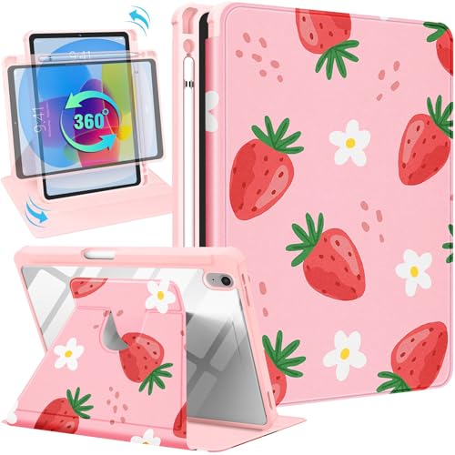 Uppuppy Schutzhülle für iPad 10. Generation, 10,9 Zoll, iPad 11. (A16) 2025, Kinder, Mädchen, Frauen, niedliches Erdbeermädchen, hübsches Kawaii-Blumenmuster, drehbarer Ständer, Folio-Schutzhülle für von Uppuppy