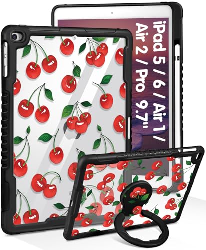Uppuppy Schutzhülle für iPad 5. / 6. Generation, Air1 / Air2, Pro 9,7 Zoll (24,6 cm), niedliches Mädchen mit Ständer und Stifthalter, Mädchen, Kirsche, hübsch, schützend, harte Funda für iPad 6/5 von Uppuppy
