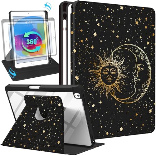 Uppuppy Schutzhülle für iPad 9./8./7./Air 3. Generation 10.2 & für iPad Pro 10,5 Zoll Hüllen 360 Grad drehbarer Ständer Folio Cover mit Stifthalter Frauen Sonne Mond Stern Cool für Apple iPad von Uppuppy