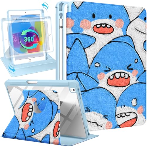 Uppuppy Schutzhülle für iPad 9. / 8. / 7. Generation, 25,7 cm (10,2 Zoll), Folio-Abdeckung, Stifthalter, Kinder, Frauen, Mädchen, niedlich, Teenager, Kawaii, Cartoon-Hai, einzigartiges Design, von Uppuppy