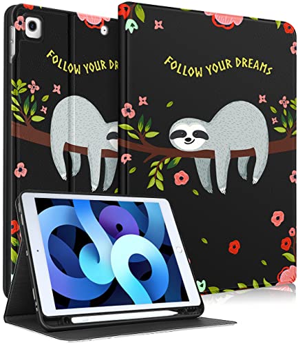 Uppuppy Schutzhülle für iPad 9. / 8. / 7. Generation, 25,7 cm (10,2 Zoll), niedliches Damen-Folio, Smart-Cover mit Stifthalter, Faultier-Blume, ästhetisches Design, Kawaii-Teenager-Hüllen für iPad von Uppuppy