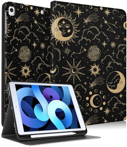 Uppuppy Schutzhülle für iPad 9. / 8. / 7. Generation, 10,2 Zoll (10,2 Zoll), niedliches Folio, Smart-Cover, Stifthalter, Sonne, Mond, Sterne, Mädchen, Teenager, hübsche Cartoon-Hüllen für Apple iPad von Uppuppy