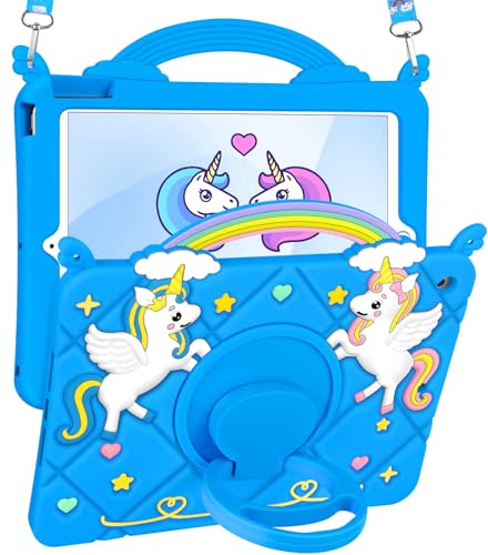 Uppuppy Schutzhülle für iPad 9. / 8. / 7. Generation, 25,7 cm (10,2 Zoll), niedliches Kawaii-Mädchen, 3D-Cartoon, Teenager, mit drehbarem Ständer und Riemen, weiches Silikon, blaues Einhorn von Uppuppy