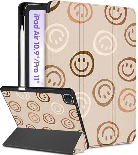 Uppuppy Schutzhülle für iPad Air 27,9 cm (11 Zoll) 2024/2025 (M2/M3), Air 5./4. Generation 27,68 cm (10,9 Zoll), Pro 27,9 cm (11 Zoll), 4./3./2./1. Generation, für Frauen, Stiftehalter, Smiley-Design von Uppuppy