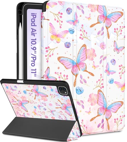 Uppuppy Schutzhülle für iPad Air 5./4. Generation 10.9, für iPad Pro 11 Zoll Hülle Mädchen Niedliche Frauen Folio Cover Stifthalter Schmetterling Blumenmuster Girly Kawaii für Apple iPad Air 5/4 von Uppuppy