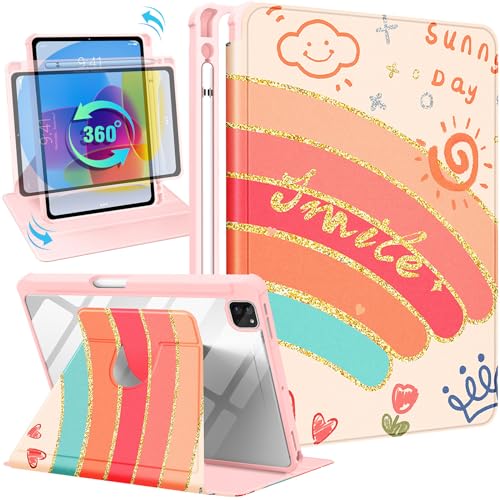 Uppuppy Schutzhülle für iPad Pro 12,9 Zoll (32,9 cm), mit Stifthalter, für Mädchen und Damen, niedlich, Kinder, Sonne, Regenbogen, Mädchen, Kawaii, Lächeln, hübscher drehbarer Ständer für Apple iPad von Uppuppy