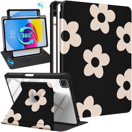 Uppuppy Schutzhülle für iPad Pro 12,9 Zoll (32,9 cm), mit Stifthalter, niedliches Design, Kawaii-Blume, hübsches schwarzes Design, drehbarer Ständer, für Apple iPad Pro 12,9 Zoll (2022/2021/2020/2018) von Uppuppy