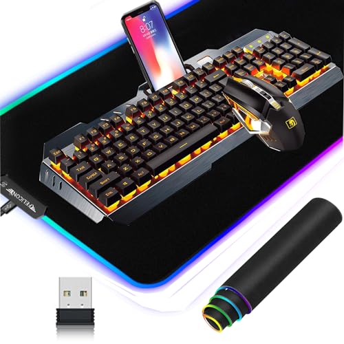 K670 Kabellose Gaming-Tastatur,Maus und Großes Mauspad,3-Teiliges Set,104 Tasten,UK-Layout-Tastatur,2,4 G Kabellos,Oranges LED-Licht,3000 mAh Akku,Gaming-Maus,Bis zu 2400DPI,RGB-Mauspad,für PC/MAC von UrChoiceLtd