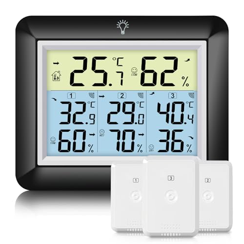 Urageuxy Funk Thermometer mit 3 Außensensoren - Wetterstation mit 100m Reichweite, Digital Hygrometer Thermometer mit Großem LCD-Display, MIN/MAX-Aufzeichnung, Einfache Bedienung (Schwarz) von Urageuxy