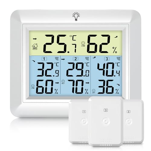 Urageuxy Funk Thermometer mit 3 Außensensoren - Wetterstation mit 100m Reichweite, Digital Hygrometer Thermometer mit Großem LCD-Display, MIN/MAX-Aufzeichnung, Einfache Bedienung (Weiß) von Urageuxy