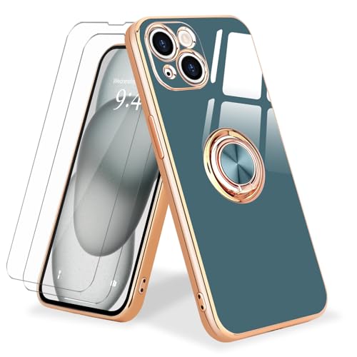 Urarssa 3 in 1 Hülle für iPhone 15 Handyhülle mit 2 Schutzfolie und 360 Grad Ring Ständer Schutzhülle Magnetischer Autohalterung Stoßfest Hülle Silikon Case für iPhone 15-Grau von Urarssa