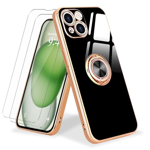 Urarssa 3 in 1 Hülle für iPhone 15 Handyhülle mit 2 Schutzfolie und 360 Grad Ring Ständer Schutzhülle Magnetischer Autohalterung Stoßfest Hülle Silikon Case für iPhone 15-Schwarz von Urarssa