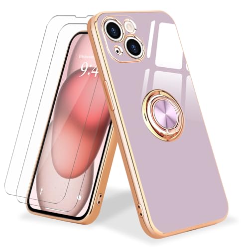 Urarssa 3 in 1 Hülle für iPhone 15 Plus Handyhülle mit 2 Schutzfolie und 360 Grad Ring Ständer Schutzhülle Magnetischer Autohalterung Stoßfest Hülle Silikon Case für iPhone 15 Plus-Lila von Urarssa