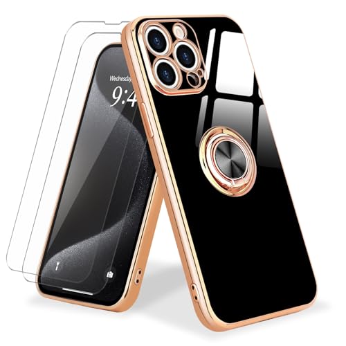 Urarssa 3 in 1 Hülle für iPhone 15 Pro Handyhülle mit 2 Schutzfolie und 360 Grad Ring Ständer Schutzhülle Magnetischer Autohalterung Stoßfest Hülle Silikon Case für iPhone 15 Pro-Schwarz von Urarssa