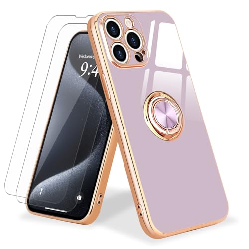 Urarssa 3 in 1 Hülle für iPhone 15 Pro Max Handyhülle mit 2 Schutzfolie und 360 Grad Ring Ständer Schutzhülle Magnetischer Autohalterung Stoßfest Hülle Silikon Case für iPhone 15 Pro Max-Lila von Urarssa