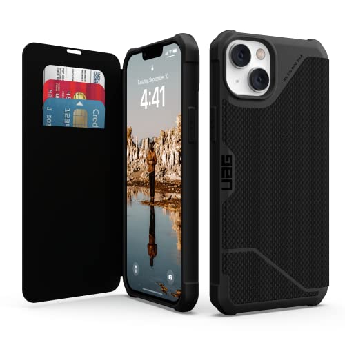 Urban Armor Gear Metropolis Folio Hülle kompatibel mit Apple iPhone 14 Plus [Wireless Charging (Qi) kompatibles Cover, Case mit Standfunktion & Kartenfächern] Kevlar schwarz von URBAN ARMOR GEAR
