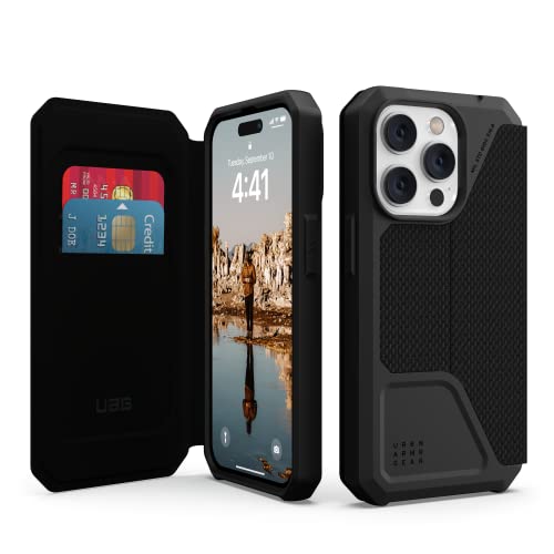 Urban Armor Gear Metropolis Folio Hülle kompatibel mit Apple iPhone 14 Pro [Wireless Charging (Qi) kompatibles Cover, Case mit Standfunktion & Kartenfächern] Kevlar schwarz, 114046113940 von Urban Armor Gear