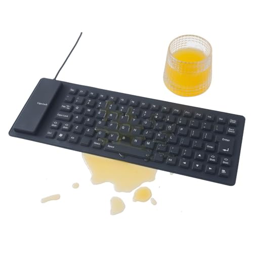 Urby Wasserdichte Roll-Out-/Roll-Up-Tastatur, ideal als Kinder-Computer-Tastatur oder Ersatz-/Sekundärtastatur, flexibel, tragbar, faltbar, kabellos/USB-Tastatur aus Silikon (Schwarz, USB) von Urby