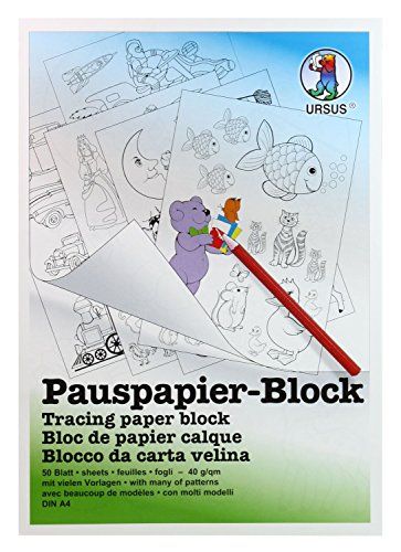 Ursus 7034600 - Pauspapier Block, DIN A4, 5 Vorlagen mit vielen verschiedenen Motiven, 50 Blatt Transparentpapier 40 g/qm, ideal als Geschenk zur Einschulung und Schulanfang von Ursus