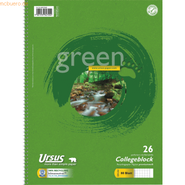 Ursus Kollegblock green A4 70g/qm kariert Lineatur 26 VE=80 Blatt von Ursus