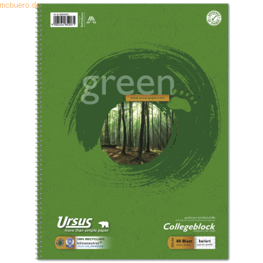 Ursus Kollegblock green A4 70g/qm kariert Lineatur 28 VE=80 Blatt von Ursus