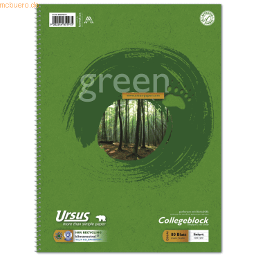 Ursus Kollegblock green A4 70g/qm liniert Lineatur 27 VE=80 Blatt von Ursus