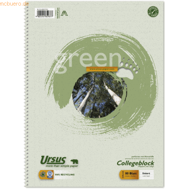 10 x Ursus Kollegeblock Green A4 60g/qm RC 80 Blatt liniert von Ursus