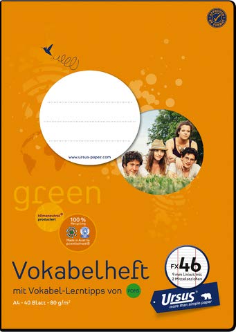 Ursus green Vokabelheft, FX46, liniert 9 mm, A4, 80 g/m², 40 Blatt von Ursus