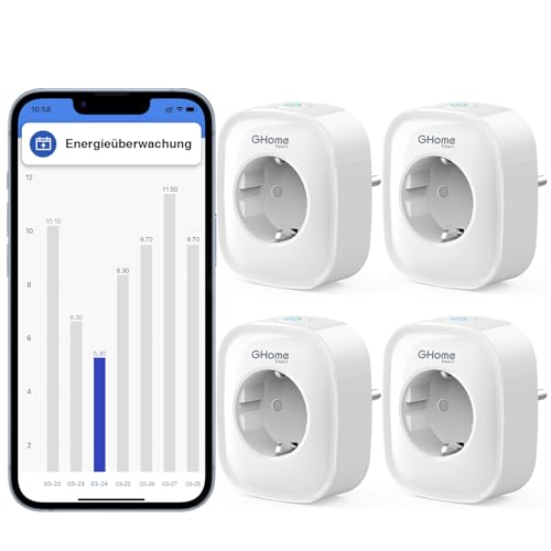 GHome Smart Steckdose 16A, Wlan Steckdose 4er Pack, Smart Steckdose Kompatibel mit Alexa Google Home, App Fernbedienung, Stromverbrauch Messen Sprachsteuerung Timer, NUR auf 2.4 GHz WiFi von GHome Smart