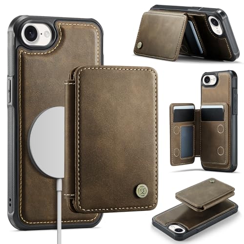Usroom Kompatibel mit Magsafe Schutzhülle für iPhone 16E, magnetischer Kartenhalter, RFID-blockierend, 2-in-1, abnehmbarer Ständer, stoßfeste Abdeckung für Damen und Herren, Braun von Usroom