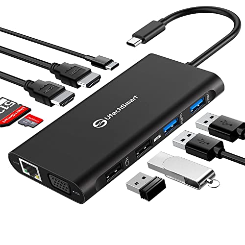 Dockingstation Laptop 3 monitore, 11-1 Typ C Hub mit 2 HDMI, VGA, PD3.0, SD TF Card Slot, 4 USB Ports USB-C Adapter Kompatibel für MacBook & Windows (UCN3270-Black) von UtechSmart