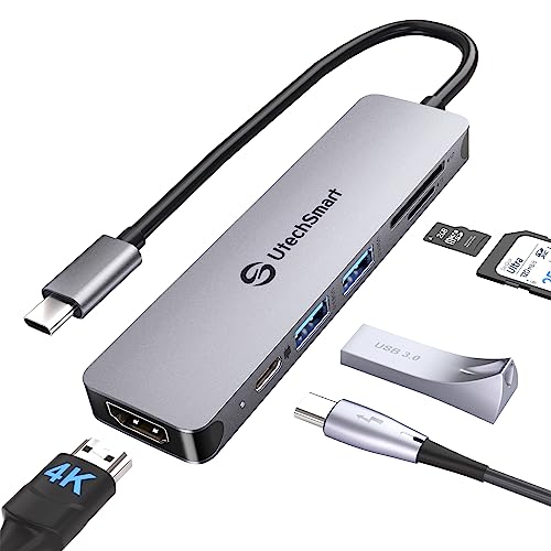 USB C Hub, UtechSmart 6 in 1 USB C Adapter Multiport mit 4K@60Hz HDMI, 2*USB 3.0, PD 100W, SD/TF Kartenleser, Kompatibel für MacBook Pro/Air M1, Dell, HP, Steam Deck und Typ C Geräten von UtechSmart