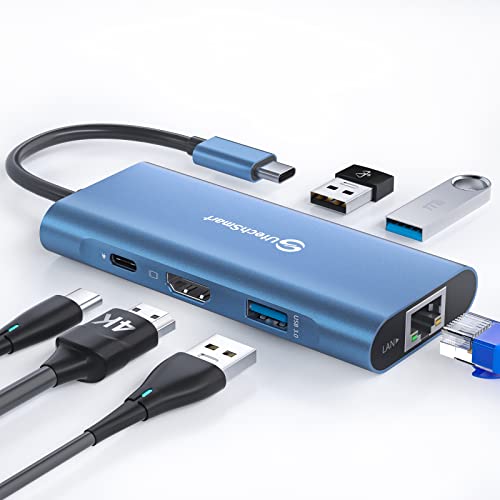 USB C Hub, UtechSmart 6 in 1 USB C zu HDMI Adapter mit 1000M Ethernet, PD 100W Ladeanschluss, 3 USB 3.0 Ports Adapter Kompatibel für MacBook Pro, Chromebook und USB C Geräte (Blau) von UtechSmart