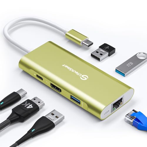 USB C Hub, UtechSmart 6 in 1 USB C zu HDMI Adapter mit 1000M Ethernet, PD 100W Ladeanschluss, 3 USB 3.0 Ports Multiport Adapter Kompatibel für MacBook Pro, Chromebook USB C Geräte (Gold) von UtechSmart