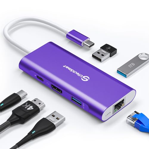 USB C Hub, UtechSmart 6 in 1 USB C zu HDMI Adapter mit 1000M Ethernet, PD 100W Ladeanschluss, 3 USB 3.0 Ports Multiport Adapter Kompatibel für MacBook Pro, Chromebook USB C Geräte (Tiefes Lila) von UtechSmart