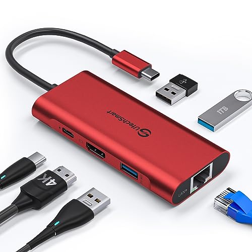 USB C Hub, UtechSmart 6 in 1 USB C zu HDMI Adapter mit 1000M Ethernet, Power Delivery Pd Typ C Ladeanschluss, 3 USB 3.0 Ports Adapter Kompatibel für MacBook Pro, Chromebook und USB C Geräte (Rot) von UtechSmart