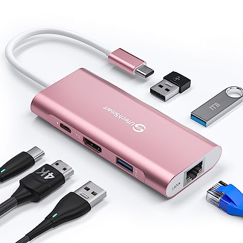USB C Hub, UtechSmart 6 in 1 USB C zu HDMI Adapter mit 1000M RJ45 Ethernet, PD 100W Ladeanschluss, 3 USB 3.0 Ports Adapter Kompatibel für MacBook Pro, Chromebook, und USB C Geräte (Rosa) von UtechSmart