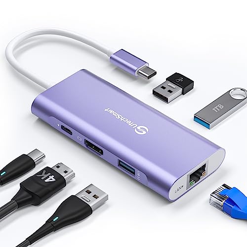 USB C Hub,UtechSmart 6 in 1 USB C zu HDMI Adapter mit 1000M Ethernet, Power Delivery Pd Typ C Ladeanschluss, 3 USB 3.0 Ports Adapter kompatibel für MacBook Pro, Chromebook, und USB C Geräte (Lila) von UtechSmart