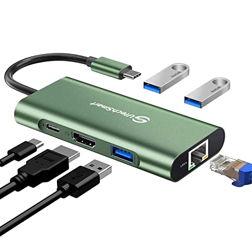 UtechSmart USB C Hub, 6-in-1 USB-C-auf-HDMI-Adapter mit 1000 m Ethernet, Power Delivery PD-Typ-C-Ladeanschluss, 3 USB-3.0-Anschlüsse, kompatibel mit MacBook Pro, Chromebook und USB-C-Geräten (grün) von UtechSmart