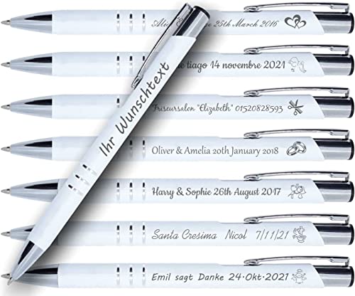 DecorsConcept 50 Stück personalisierte Metall kugelschreiber mit gravur - Hochzeitsgeschenke für Gäste Geburtstag Kommunion Taufe - 55 grafische Symbole zur Auswahl - weiße Farbe von Uttse