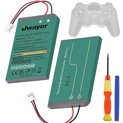 Uwayor Akku PS3 Controller Akku PS3 Ersatz Akku 2X 1860mAh für Sony Playstation 3 und Dualshock 3 Wireless Controller mit Installationswerkzeug von Uwayor