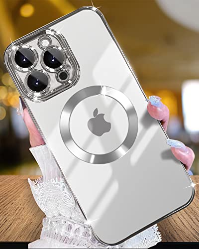 Uxinuo Magnetische Hülle für iPhone 14 Pro Max mit vollem Kameraschutz, Kompatibel mit MagSafe, [Militärnorm Sturzschutz] für Magsafe Frauen Mädchen Männer Handytasche, 6.7 Zoll, Silber von Uxinuo