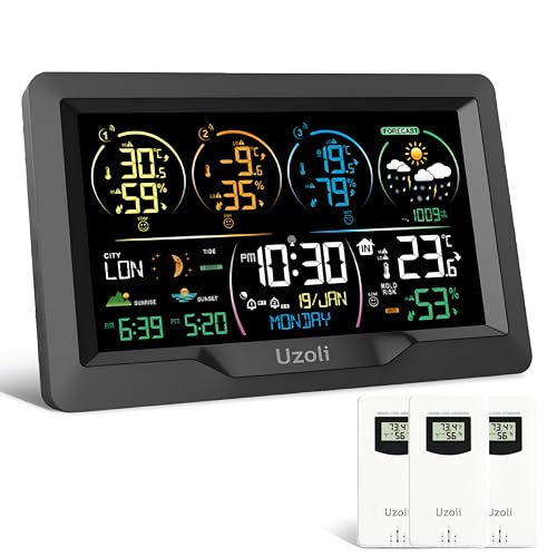 Uzoli Wetterstation funk mit 3 Außensensoren, DCF-Funkuhr, Innen Außen Thermometer Hygrometer, Wettervorhersage, Luftdruck, Sonnenaufgang, Gezeiten, Mondphase, Nachtmodus, Funkwetterstation - EM3390 Uzoli Wetterstation funk mit 3 Außensensoren, DCF-Funkuhr, Innen Außen Thermometer Hygrometer, Wettervorhersage, Luftdruck, Sonnenaufgang, Gezeiten, Mondphase, Nachtmodus, Funkwetterstation - EM3390 von Uzoli