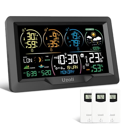 Uzoli Wetterstation funk mit 3 Außensensoren DCF-Funkuhr Farbdisplay Wettervorhersage Innen Außen Thermometer Hygrometer Luftdruck Sonnenaufgang/-untergang Gezeiten Mondphase Funkwetterstation EM3390 von Uzoli