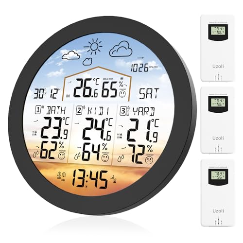 Uzoli Wetterstation mit 3 Außensensoren, 6,5" Großes Farbdisplay, DCF Funkuhr, Wettervorhersage, Innen/Außen Thermometer, Hygrometer, Luftdruck, Schimmelrisiko & Komfortstufe – EM3567 Uzoli Wetterstation mit 3 Außensensoren, 6,5" Großes Farbdisplay, DCF Funkuhr, Wettervorhersage, Innen/Außen Thermometer, Hygrometer, Luftdruck, Schimmelrisiko & Komfortstufe – EM3567 von Uzoli